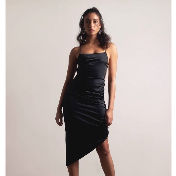 BLUSH AWAY BLACK SATIN ASYMMETRICAL BACKLESS MIDI DRESS - Picture 2 of 2
